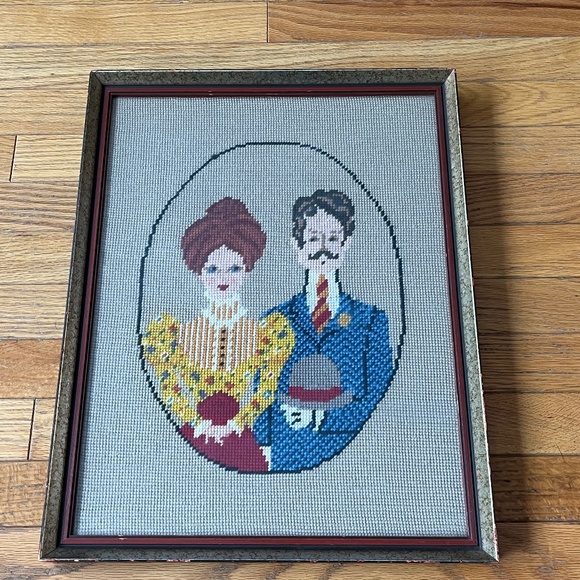 Vintage 70s Man & Woman Wool Needlepoint - Picture 1 of 7
